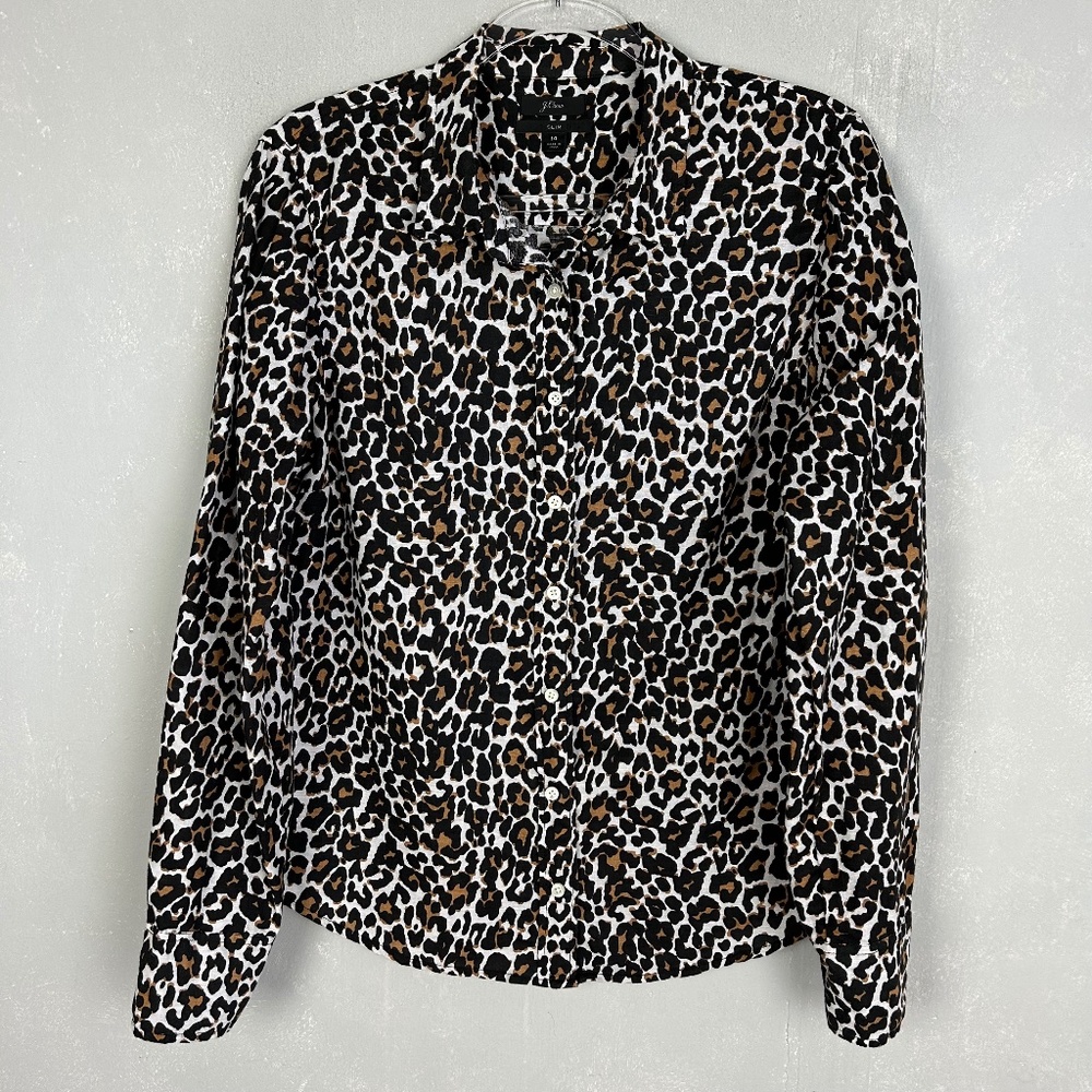 J. Crew women size 14 long sleeve button up shirt leopard linen cotton slim fit
